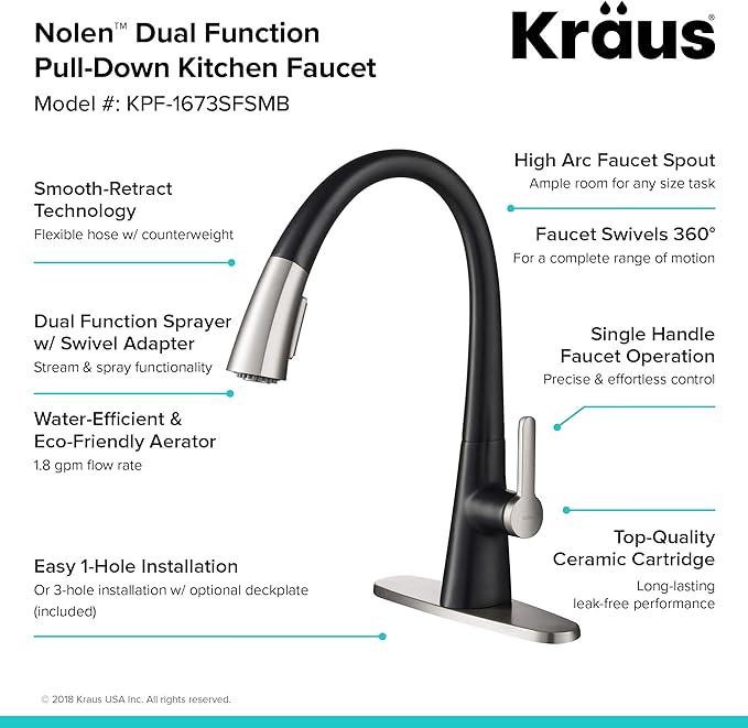 Kraus KPF-1673SFSMB Nolen Dual Function Pull, Faucets for Kitchen Sinks, Single-Handle, 16 3/8 Inch, Spot Free Stainless Steel/Matte Black