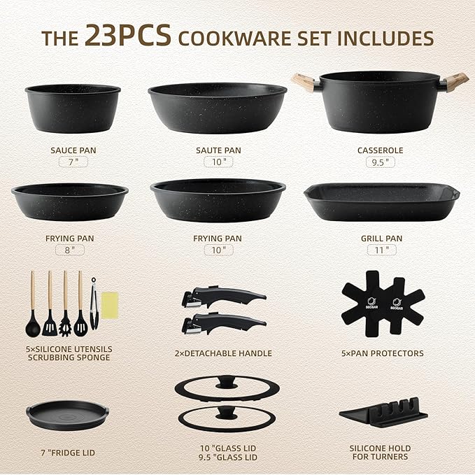 23PCS Ceramic Nonstick Cookware Set, Nonstick Detachable Handle Ceramic Cookware, Induction Kitchen Cooking Set with Removable Handle,include Frying Pans & Saucepans Oven Safe(Black)