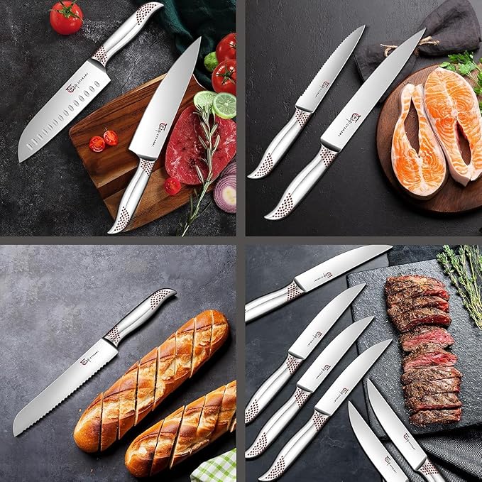 Japanese Knives Set for Kitchen, Magnetic Knife Set with Block and Sharpener, Stainless Steel Knife Set as Gift for Couple, Wedding, Women or Mom with Gift Box, 14 PCS Red Dot