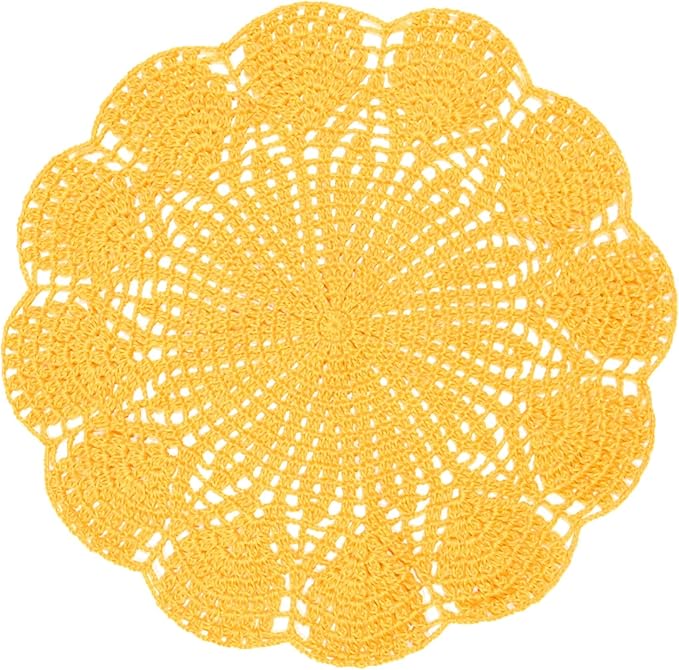BIBITIME Round Flower Lace Doilies Vase Mats Kitchen Tablecloth Dish Plate Mat Handmade Crochet Table Doily Placemats (Yellow, 11.8 in to 13.8 in,1PC)