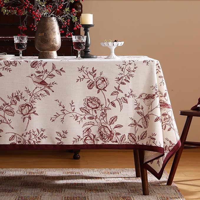 ISAENNE Designer Vintage Linen Extra Long Rectangle Tablecloth,Red Floral Pattern Linen Stain Resistant Table Cloth,Decor Tablecloths for Dining Thanksgiving Kitchen Party,63"*110"-Harmony