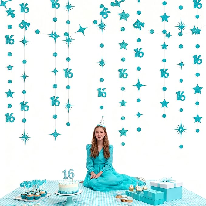 Teal Blue 16th Birthday Decorations Number 16 Circle Dot Star Garland Glitter Streamer Banner Backdrop for Girls Boys Sweet Sixteen Cheers to 16 Years Old Birthday 16th Anniversary Party Supplies