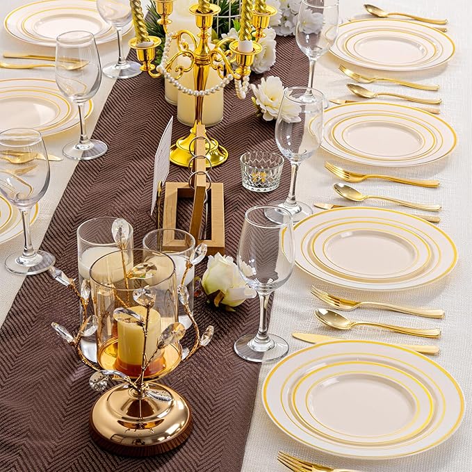 I00000 200 Pcs Gold and Ivory Plastic Plates, Ivory Disposable Party Plates Include 100 Dinner Plate 10’’ and 100 Plastic Dessert Plate 7’’ Perfect for Birthday, Party & Wedding