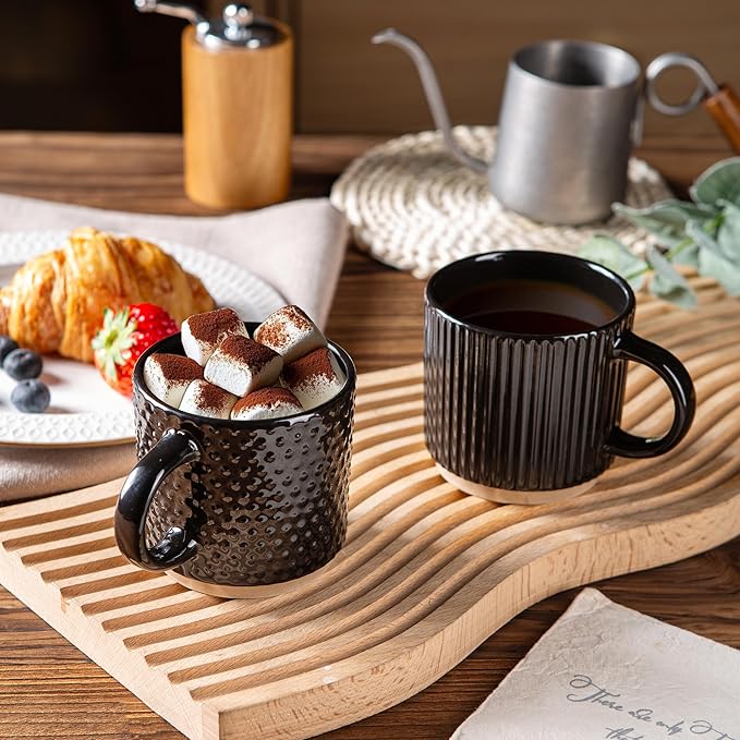 GBhome 6OZ Stackable Coffee Mugs with Stand and Saucer, Ceramic Coffee Mugs Set of 4 with Texture Patterns for Man,Woman,Dad,Mom, Modern Coffee Cups for Latte/Espresso. Dishwasher&Microwave Safe