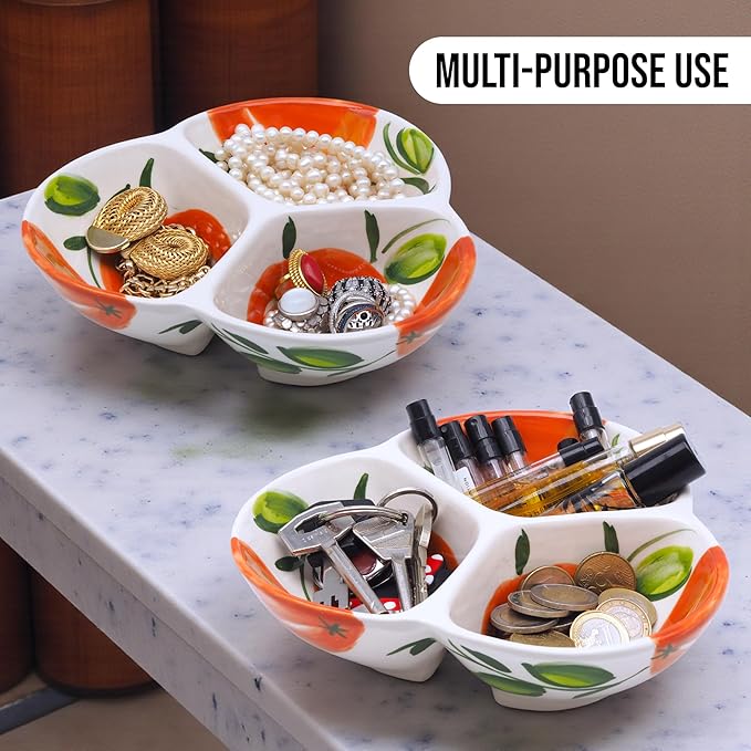 Ceramic Chip & Dip Bowl 7.5”, 3-Compartment Divided Serving Dish & Condiment Tray for Appetizers – Handmade in Spain, Lead-Free Glaze, Microwave, Oven & Dishwasher Safe