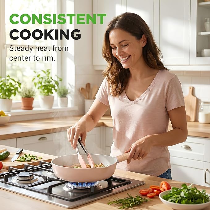 NutriChef 14-Piece Non-Stick Ceramic Cookware Set - Induction Safe Pots and Pans with Glass Lids, Cool-Touch Handles, Even Heat Distribution, Dishwasher Safe, Includes Ladle, Tong, Spatula (Pink)