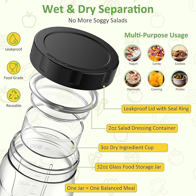 4Pack Glass Salad Jars with Lids, 32oz Salads Mason Jars with Wet/Dry Separation Cup, Meal Prep Salad Containers for Lunch, Leakproof Wide Mouth Food Storage Containers, BPA-Free Reusable (Black)