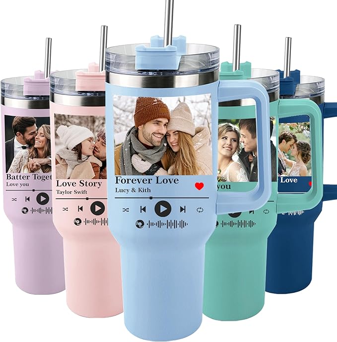 Ships Next Day Custom 40oz Tumbler with Picture&Name, Personalized Tumbler with Handle, Valentines Day Gifts for Him/Her, Girlfriend Boyfriend Gift for Birthday