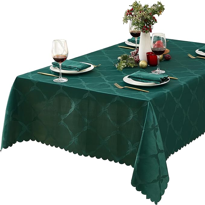 Newbridge Rectangle Tablecloth, 60 x 144 Inch, Spring and Easter Ribbons and Bows Damask, Wrinkle and Stain Resistant Fabric Table Cloth, Holiday Evergreen