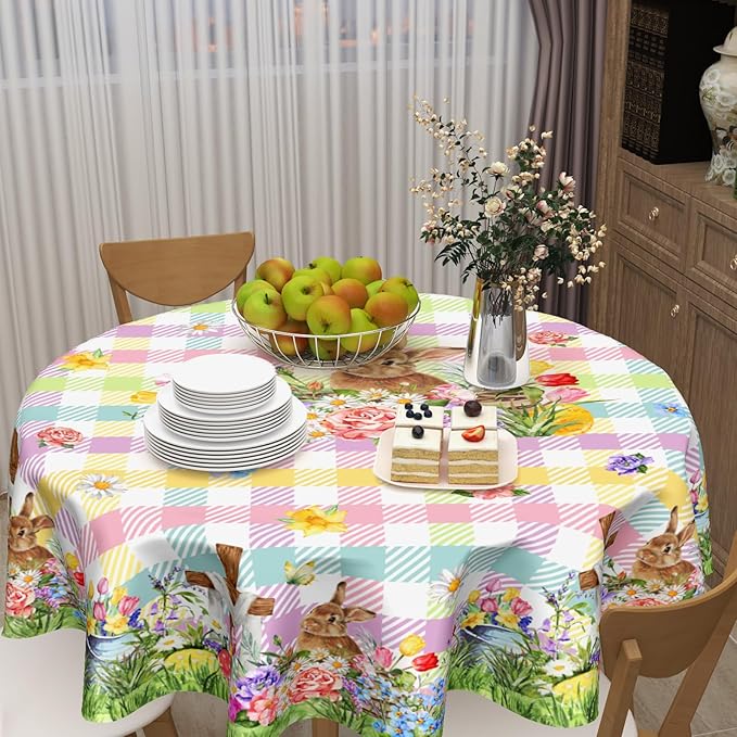 Easter Rabbit Round Tablecloth 70 Inch Easter Bunny Floral Colorful Buffalo Plaid Circle Table Cloth Seasonal Holiday Rustic Table Cover for Party Kitchen Dinner Home Decor