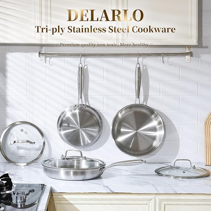 DELARLO Tri-ply Stainless Steel Frying Pan Set with Lid 8" 10" 12" Induction large Skillets Chef's Pan,Pots and Pans Set Kitchen Cookware Set Suitable for All Stove