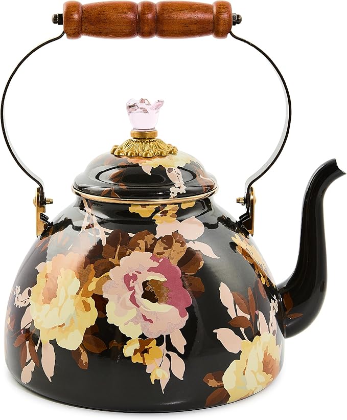 MACKENZIE-CHILDS Enamel Tea Kettle, Decorative Tea Kettle for Stovetop, 3 Quarts, Wild Rose Brown