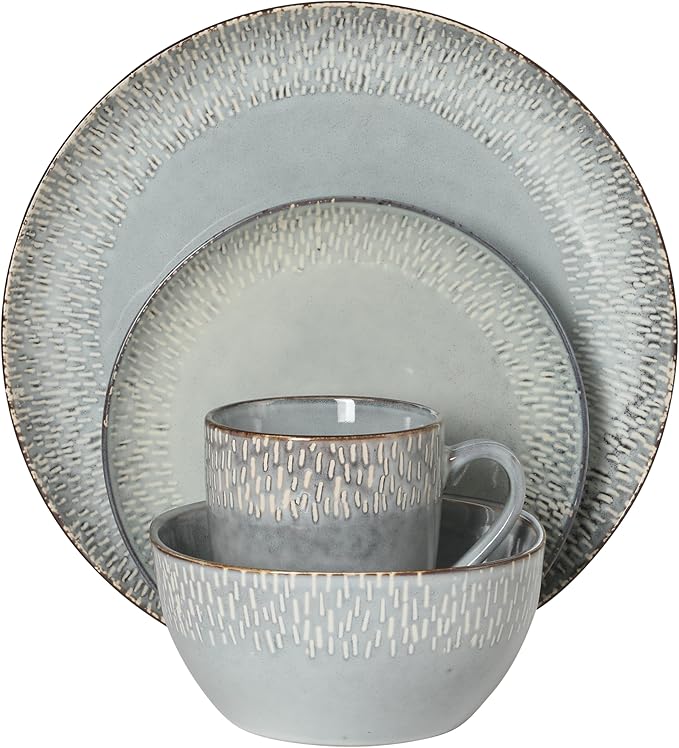 Gibson Elite Jasper 16 Piece Plates and Bowls Reactive Glaze Dishes Stoneware Ceramic Dinnerware Set - Service for 4 - Grey