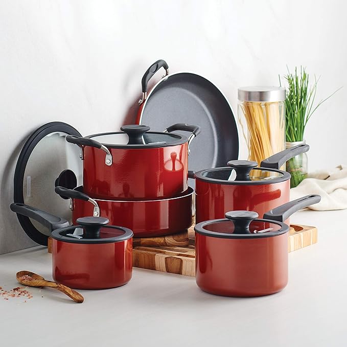 Tramontina Aluminum Non Stick 11-Piece Nesting Pots and Pans Set with Lids - Red, Kitchen Nonstick Cookware Set, Dishwasher and Oven Safe