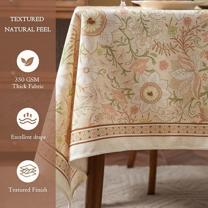 French Linen Tablecloth Rectangular, Vintage Floral Table Cloth, Waterproof Table Cover for Picnic Dining Party Wedding, Blossom Pink, 63x91''