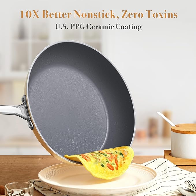 PekGema 16 Pcs Ceramic Cookware Sets, Pots and Pans Set Nonstick, Non Toxic Healthy Non stick Kitchen Cooking Set, Induction Cookware with Frying Pan Set, PFAS PTFE PFOA FREE, Beige