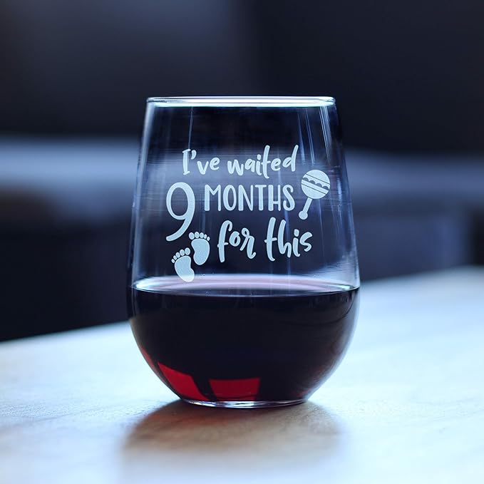 Bevvee Waited 9 Months For This - Funny New Mom Stemless Wine Glass - Push Presents for Expectant Moms and Post Pregnancy Gifts - Large 17 Ounce