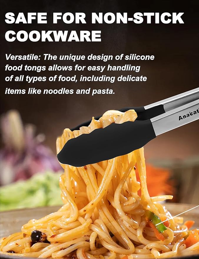 Anaeat Non-Stick Silicone Locking Tong - Stainless Steel 9" Kitchen Food Tongs with Non-Slip Silicone Tips and Grip for Cooking, Baking and BBQ - Heat Resistant up to 480°F (Black)