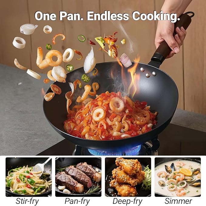 Carbon Steel Wok Pan, Nitrided Pre-Seasoned Round Bottom Woks & Stir-Fry Pans Nonstick, Chinese Wok with Glass Lid & Steel Rack for Gas for All Concave Stovetops, Gift for Chef - 13.4"