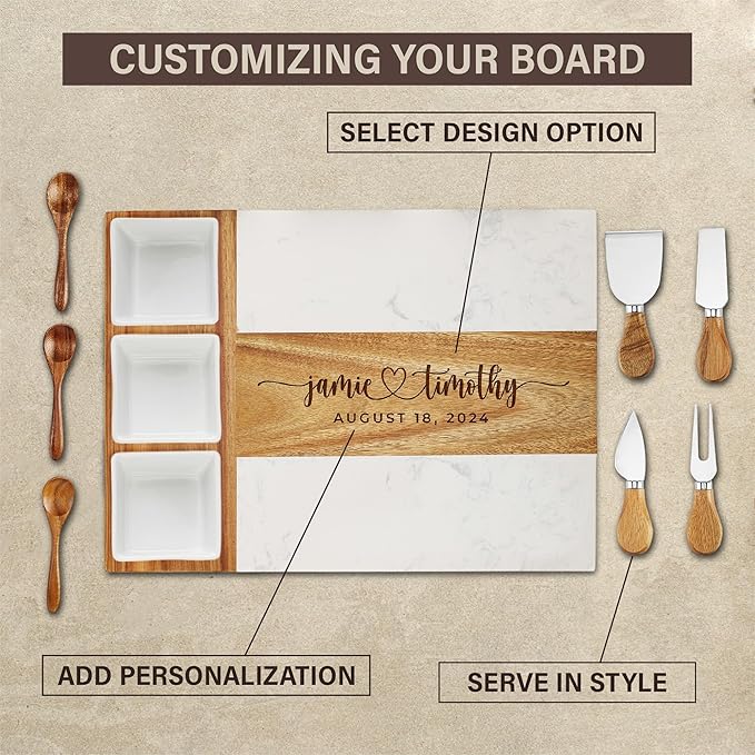 Personalized Charcuterie Board Set, Wedding Gift for Couples, Custom Engraved Marble Wood Cheese Board, Bridal Shower & Engagement Gift, Mr & Mrs Cheese Serving Board for Newlyweds