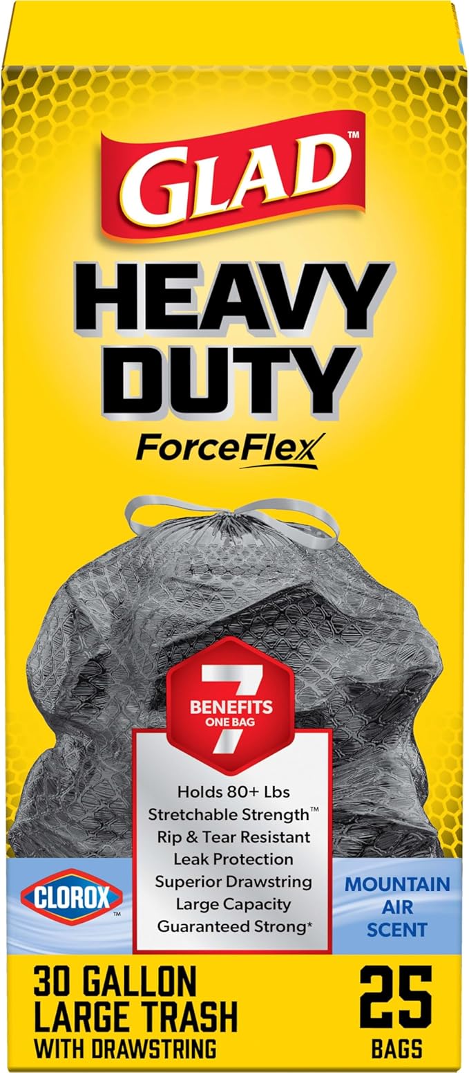 Glad Large 30 Gallon Trash Bags, Clorox Mountain Air Heavy Duty Garbage Bags, Forceflex with Drawstring, 25 Count (Packaging May Vary)