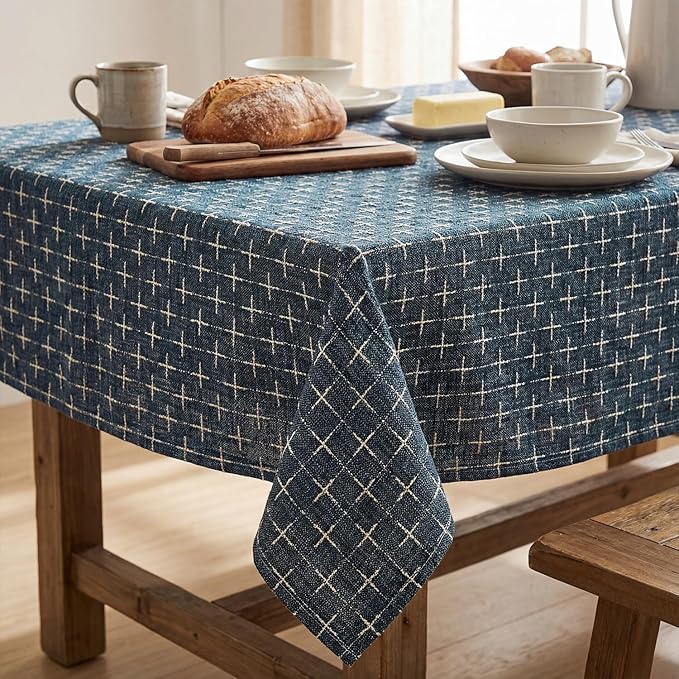 Horaldaily Navy Blue Rectangular Table Cloth, Cross-Star Solid Textured Embroidery Tablecloth, Wrinkle Free Washable 52×70 Inch Table Cover for Kitchen, Party, Wedding, Picnic, Outdoor