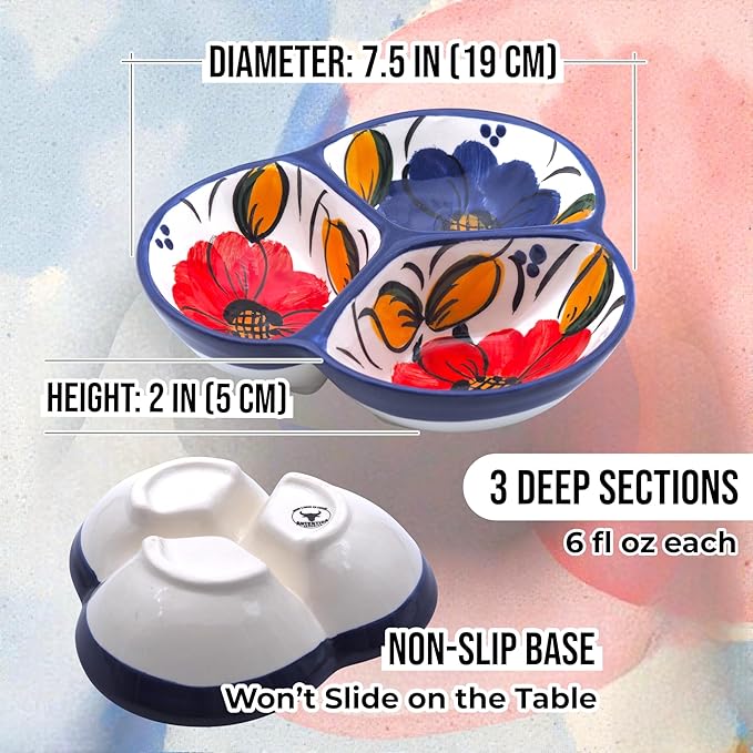 Ceramic Chip & Dip Bowl 7.5”, 3-Compartment Divided Serving Dish & Condiment Tray for Appetizers – Handmade in Spain, Lead-Free Glaze, Microwave, Oven & Dishwasher Safe