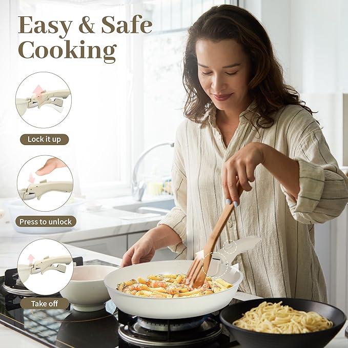 15-Piece Ceramic Nonstick Pots and Pans Set – Kitchen Cookware with Detachable Handle, RV Camping Cookware Set – Oven & Dishwasher Safe, PFOA-Free – Cream White