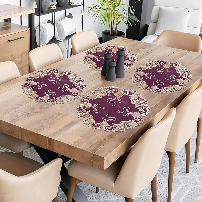 Decozen Set of 4 Doilies for Table, Lace Doilies - Rustic, Crochet, Farmhouse, Kitchen, Dining Table Centerpiece Decor - Round Christmas Placemats - 15 inch Gold Burgundy, The Chantelle Collection
