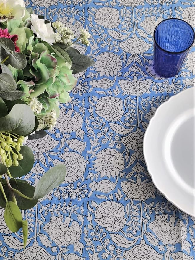 ATOSII Azora Blue 100% Cotton Rectangle Summer Tablecloth, Handblock Floral Table Cloth for Dining Table I Parties Wedding Outdoors I Grand Millennial Decor 60 X 108 Inches I 8 Seater Memorial Day
