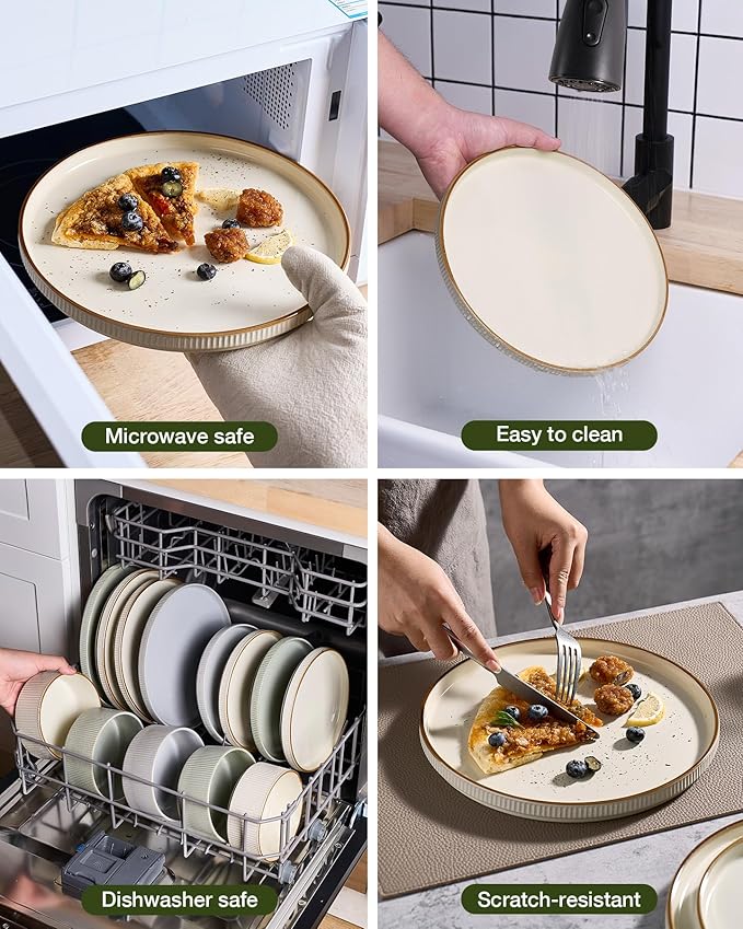Famiware Star Dinnerware Set, Plates and Bowls Sets for 6 (18pcs), Ribbed Stoneware Dishes - Chip & Scratch Resistant, Microwave & Dishwasher Safe Kitchenware, Cream