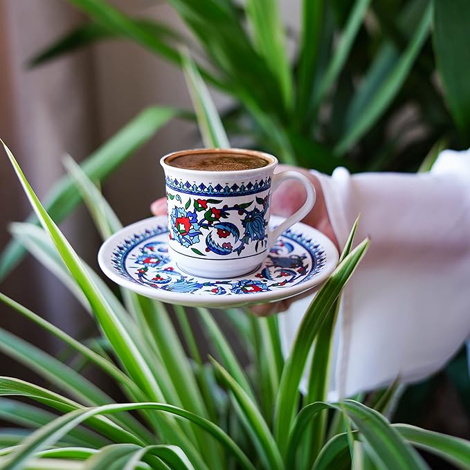Turkish Coffee Cup Set of 2 with Saucers & Holder – Ceramic, Dishwasher-Safe, Keeps Warm – Patterned Turkish Espresso Cups Set for Home & Office (Standart, 2, Count)