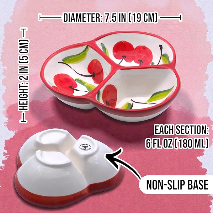 Ceramic Chip & Dip Bowl 7.5”, 3-Compartment Divided Serving Dish & Condiment Tray for Appetizers – Handmade in Spain, Lead-Free Glaze, Microwave, Oven & Dishwasher Safe