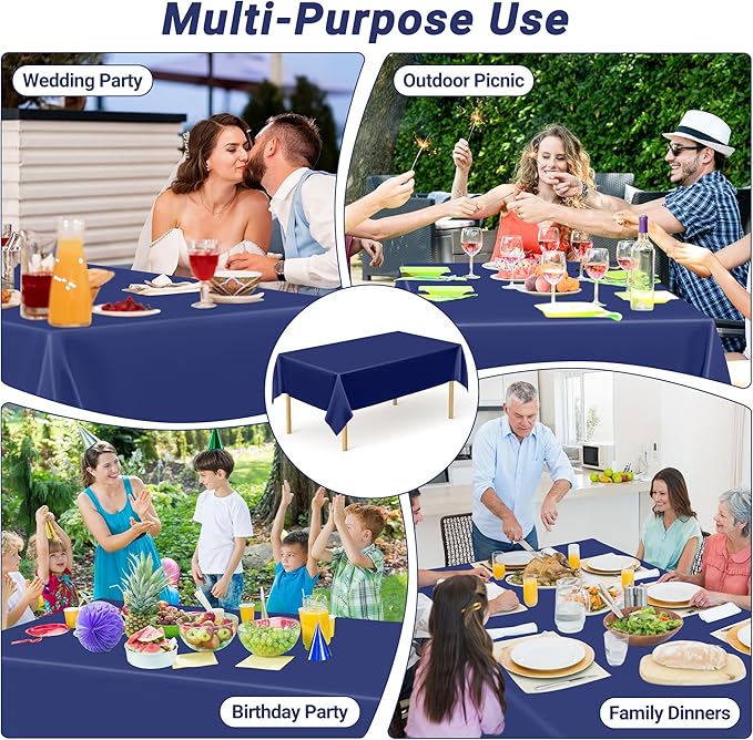 QZYL 12 PCS Navy Plastic Tablecloths, 54 in x 108 in Dinner Table Cloths, Rectangle Table Cover for Birthday Party Family Gathering Wedding