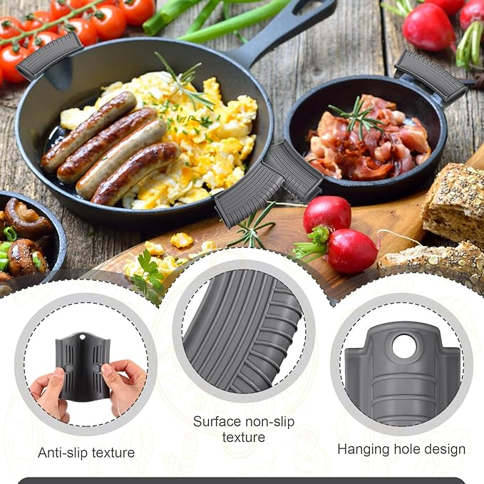 Patelai 4 Pcs Silicone Assist Hot Pan Handle Holder Pot Handle Covers for Cast Iron Skillets Holder Sleeve Nonslip Heat Resistant Pan Cover for Enameled Griddles Casserole Frying Cookware(Light Gray)