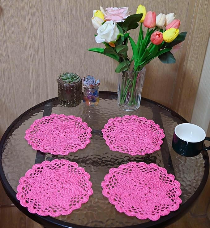 BIBITIME Handmade Crochet Round Lace Doilies Kitchen Table Placemats Wedding Tea Flower Vase Cup Mats (Rose, 6" to 7",Pack of 4PCS)