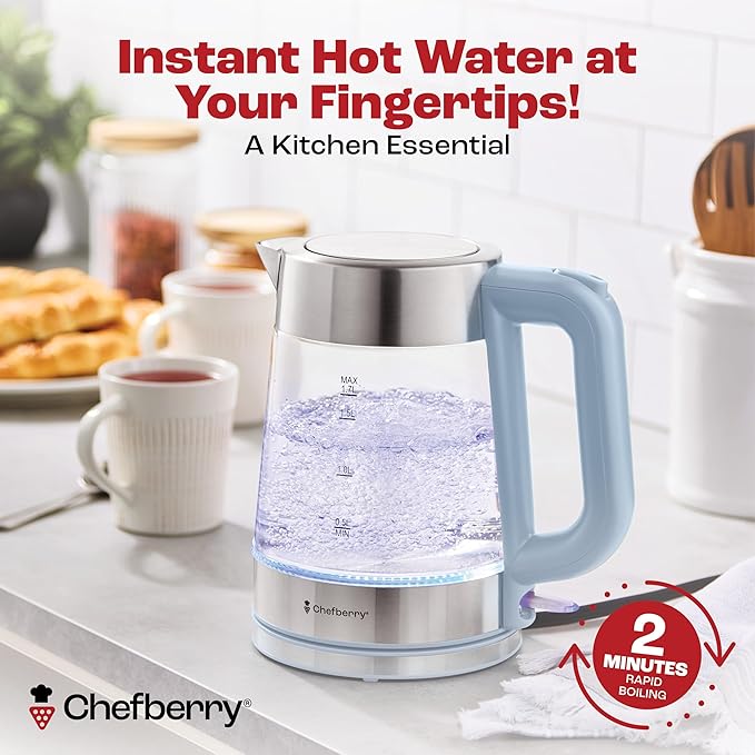 Electric Kettle for Boiling Hot Tea & Water | 1.7L Stainless Steel Borosilicate Glass Boiler With No Plastic, Automatic Shutoff, BPA Free, Fast Heating Technology (Blue)