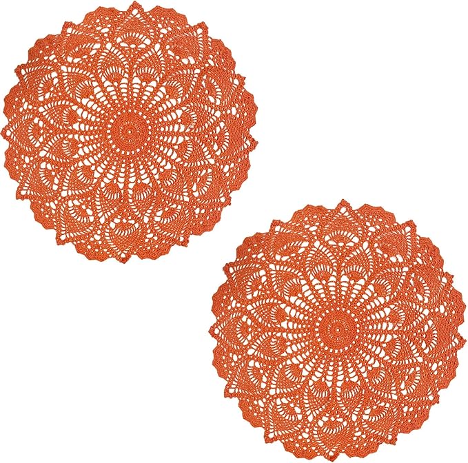 BIBITIME Lace Placemats Table Doilies Round Handmade Crochet Doily Kitchen Coffee Cup Mug Mats Dinner Place Mats (16 to 17.5 inches-2PCS, Orange)
