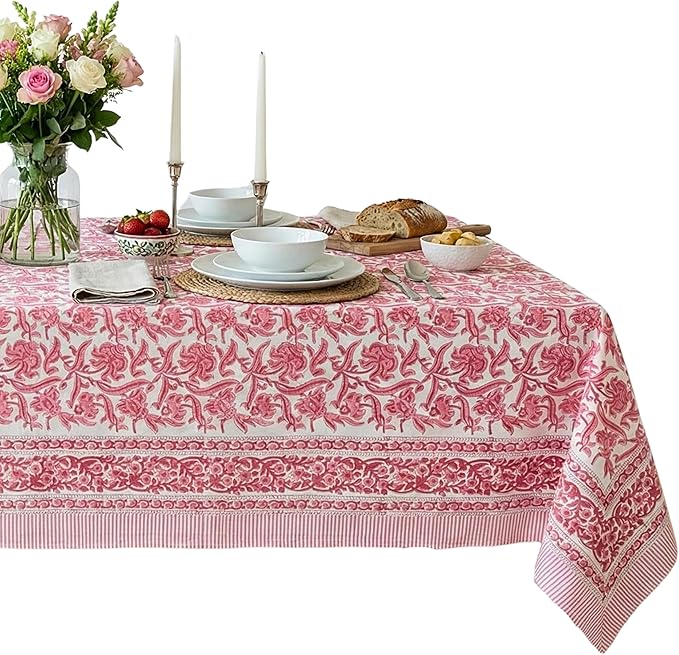 ATOSII Red Bloom 100% Cotton Rectangle Tablecloth, Block Print Floral Linen Table Cloth for Dining Parties Outdoors Weddings Holidays I 72 X 108 Inches, 8 Seater, Summer Farmhouse Grandmillennial