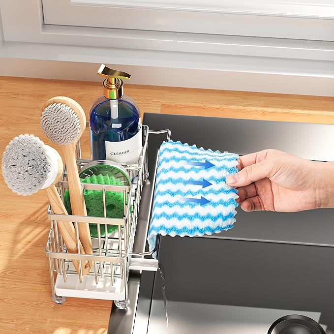 Cisily Sponge Holder for Kitchen Sink, Sink Caddy Organizer with High Brush Holder, Kitchen Countertop Organizers and Storage Essentials, Rustproof 304 Stainless Steel (Silver With Towel Rack, 9.25″)