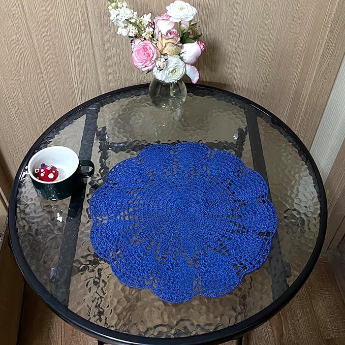 BIBITIME Round Flower Lace Doilies Vase Mats Kitchen Tablecloth Dish Plate Mat Handmade Crochet Table Doily Placemats (Blue, 11.8 in to 13.8 in,1PC)