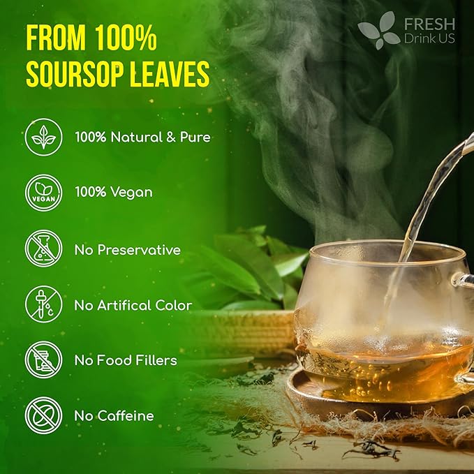 FreshDrinkUS, Premium 30+ Soursop Graviola Dried Leaves, Natural Whole Soursop Leaves, Wildcrafted, Hoja Guanabana, Loose Leaf Herbal Tea, No Gluten, Vegan