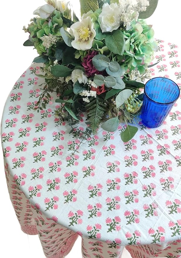 ATOSII Gulbahar White Pink 100% Cotton Spring Summer Round Tablecloth, Block Print Table Cloth for Dining, Weddings, Outdoors, Parties, Grand Millenial Home Decor 90" Inches I