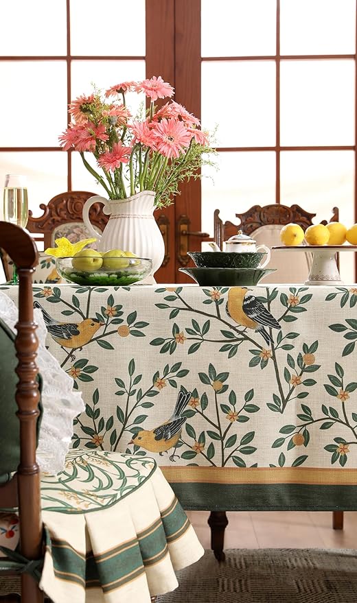 patdrea Designer Vintage French Floral Square Tablecloth,Yellow Brids Green Leaves Pattern Linen Table Cloth,Decor Kitchen Dining Holiday Banquet Christmas,Thanksgiving,Party,67"x67"-Warbler