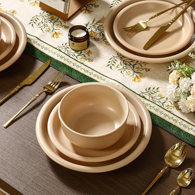 GZG Vintage Series - Ceramic Dinnerware Set for 2, 6 Pieces Stoneware Plates and Bowls Set, Lead-Free, Handcrafted Dishes Set, Microwave & Dishwasher Safe - Warm Apricot