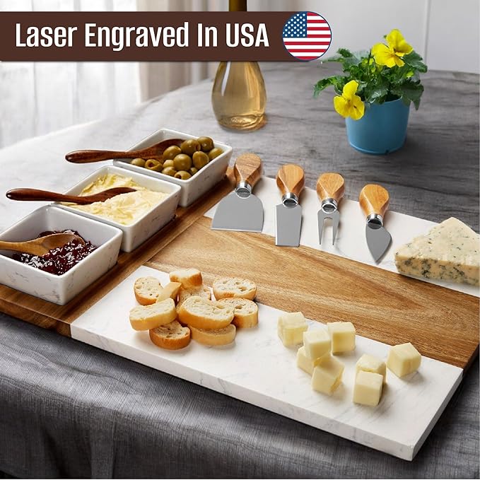 Marble Cutting Board Set, Charcuterie Cheese Boards, 3 Bowls, 3 Spoons, 4 Charcuterie Utensils, Meat, Fruits, Vegetables, Housewarming, Wedding - Marble Blank