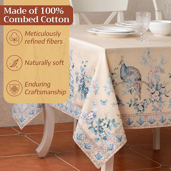 Maison d' Hermine Premium Table Cloth Rectangle Table 100% Combed Cotton 140 x 70 Inches Tablecloth Reusable Decorative for Dining Room, Home, Party, Festive & Wedding - Peacock Utopia - Sandy Beach
