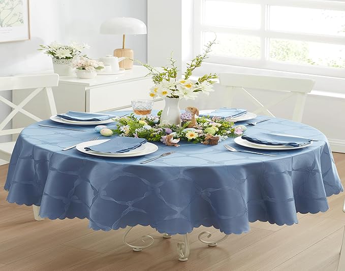 Newbridge Ribbons and Bows Damask Spring & Easter Holiday Fabric Tablecloth, Blue, 60 x 102 Inch Oval, Wrinkle & Stain Resistant Table Cover