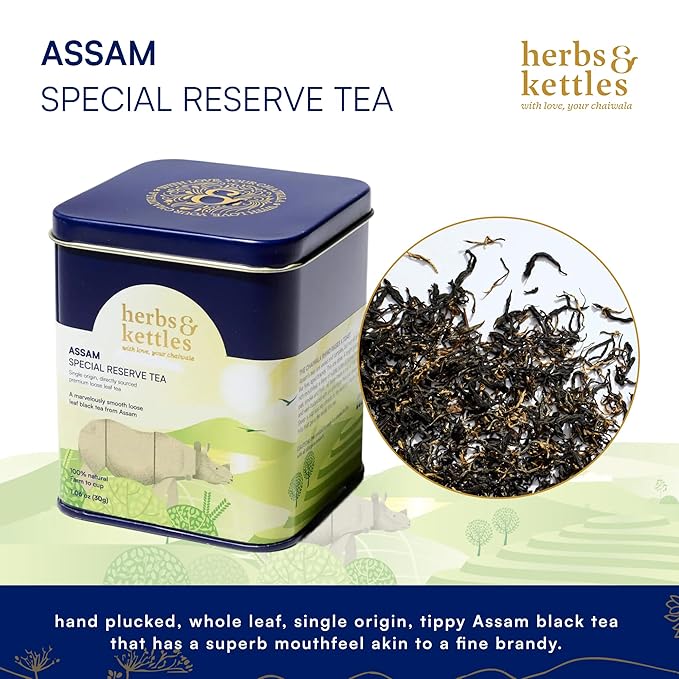 Herbs & Kettles Assam Special Reserve Tea | Single-Origin Tippy Assam Loose Leaf Black Tea | Premium Whole Leaf with Honey, Malt, Cacao & Oak Notes | Antioxidant-Rich, Supports Immunity, Focus & Digestive Health | 10–12 Servings, 20–30 Cups | Premium L...
