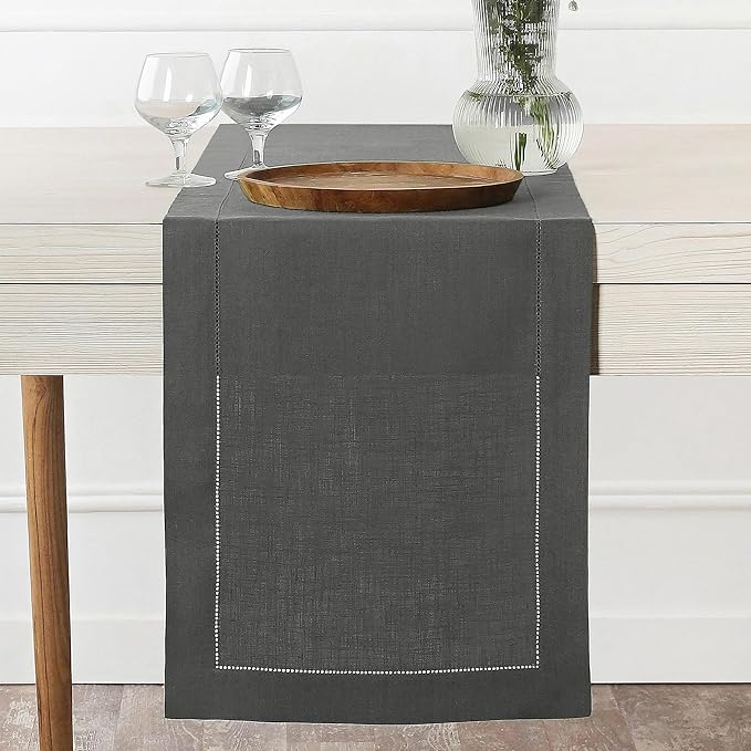 D'Moksha Homes Linen Charcoal Grey Table Runner 132 Inches Long - 100% Pure Linen Extra Long Table Runner 14 x 132 Inch for Spring, Easter - Classic Hemstitch